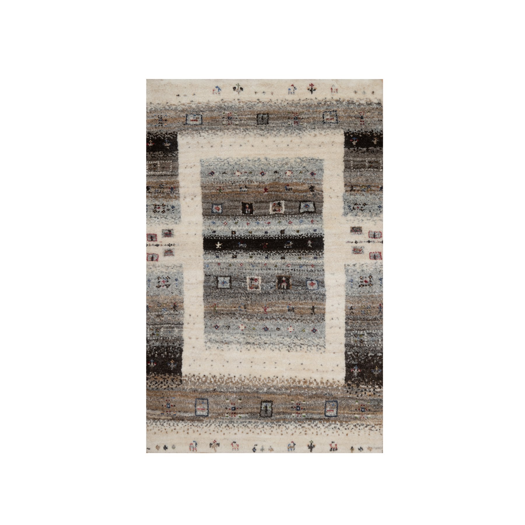 Chiffon White, Modern, Lori Buft Gabbeh with Small Animal and Human Figurines, Thick and Plush, 100% Wool, Hand Knotted, Mat, Oriental Rug